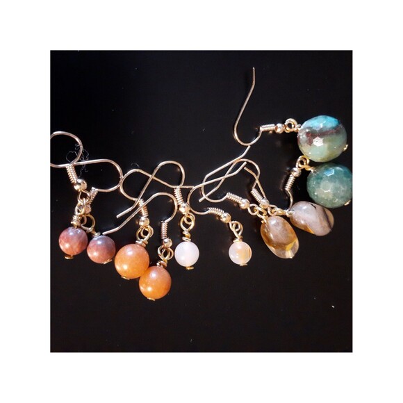 gemstone earrings 5 pair natural semi-precious dangles green brown tan beige new - Picture 1 of 7